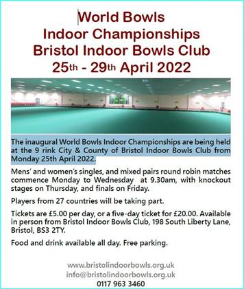  - World Bowls Indoor Championships 25th-29th April 2022